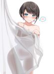  1girl absurdres aqua_eyes blush breasts brown_hair cleavage completely_nude covering_privates curtains highres hololive looking_at_viewer nude nude_cover oozora_subaru short_hair simple_background solo spoken_blush standing tihirowo virtual_youtuber white_background 