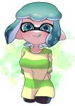  1girl arms_behind_back bike_shorts blue_eyes blue_hair breasts green_shirt highres inkling inkling_girl inkling_player_character large_breasts licking_lips panu pointy_ears shirt single_vertical_stripe solo solo_focus splatoon_(series) splatoon_2 standing striped_clothes suction_cups tentacle_hair tongue tongue_out 