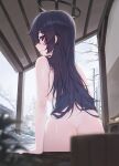  1girl alternate_hairstyle ass backboob bare_shoulders black_halo blue_archive blue_eyes blue_hair branch breasts bucket butt_crack commentary_request completely_nude from_behind gnns hair_down halo highres long_hair nude onsen plant sitting sky snow snowing solo white_sky wooden_bucket yuuka_(blue_archive) 