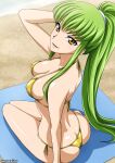  1girl absurdres ass beach beach_towel bikini breasts c.c. code_geass from_behind gold_bikini green_hair highres long_hair looking_at_viewer looking_back medium_breasts moeshino ponytail solo swimsuit towel yellow_eyes 