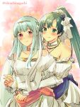  2girls absurdres bare_shoulders blue_hair blush bouquet breasts bridal_veil bride cape dress fire_emblem fire_emblem:_rekka_no_ken fire_emblem_heroes flower gloves green_eyes green_hair hair_ornament high_ponytail highres jewelry long_hair looking_at_viewer lyndis_(fire_emblem) mamkute multiple_girls ninian nishimura_(nianiamu) ponytail simple_background smile veil wedding_dress white_dress white_gloves 