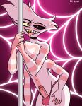  angel_dust anthro arachnid arthropod balls_in_clothing bottomwear chest_tuft choker clothing demon enlightenedcat femboy genitals gold_(metal) gold_tooth hazbin_hotel hi_res jewelry looking_at_viewer male necklace penis pink_body pink_bottomwear pink_clothing pole solo spider stripper_pole tongue tongue_out tuft 
