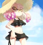  1girl alternate_costume arm_up bare_arms bare_shoulders bikini bikini_skirt black_bikini blonde_hair blue_sky closed_mouth cloud cowboy_shot cross-shaped_pupils day gradient_hair groin hat inkling koike3582 medium_hair mole mole_under_mouth multicolored_hair navel outdoors pearl_(splatoon) pink_hair sky smile solo splatoon_(series) straw_hat suction_cups swimsuit symbol-shaped_pupils tentacle_hair two-tone_hair yellow_eyes yellow_hat 