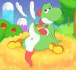  4_fingers anus balls blue_eyes bodily_fluids butt clothing colored dinosaur feral fingers footwear genital_fluids genitals gidgeesheep hi_res looking_at_viewer looking_back male mario_bros nintendo penis precum presenting presenting_hindquarters reptile scalie shell shoes solo tapering_penis yoshi 