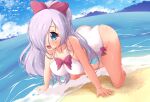  1girl all_fours ass bare_arms bare_legs beach blue_eyes blue_sky blush bow breasts cleavage cloud collarbone commission day dot_nose english_commentary ether_core hair_bow hair_over_one_eye highres horizon large_breasts long_hair looking_at_viewer ocean one-piece_swimsuit open_mouth original outdoors purple_hair sky smile solo swimsuit white_one-piece_swimsuit 