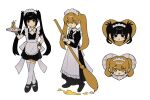  2girls :&lt; :d apron black_dress black_eyes black_hair blunt_bangs broom closed_mouth crossed_ankles dot_nose dress drink frilled_apron frills full_body hand_on_own_hip highres holding holding_broom holding_tray inu_dakisime long_bangs long_dress long_hair looking_at_viewer maid maid_headdress multiple_girls multiple_views open_mouth orange_eyes orange_hair original short_dress simple_background smile standing thighhighs tray twintails very_long_hair white_apron white_background white_thighhighs zettai_ryouiki 