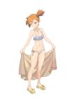  1girl bikini blue_eyes breasts full_body highres holding holding_towel jewelry looking_to_the_side misty_(pokemon) navel necklace orange_hair pokemon pokemon_(anime) pokemon_(classic_anime) sandals short_hair side-tie_bikini_bottom side_ponytail simple_background small_breasts smile solo swimsuit towel white_background yugen99 