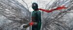  1boy absurdres antennae armor belt bug compound_eyes gloves glowing grasshopper green_armor green_gloves green_helmet helmet highres kamen_rider kamen_rider_1_(shin) kozsen_810290 male_focus red_eyes red_scarf rider_belt scarf shin_kamen_rider solo tokusatsu upper_body 