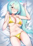  1girl absurdres antenna_hair aqua_hair areola_slip arm_up bare_arms bare_shoulders bed_sheet bikini blue_archive blue_halo blush breasts collarbone commentary_request cowboy_shot dusu_(htkj) gold_bikini grey_eyes hair_ornament hair_over_one_eye hairclip halo hand_up highres hiyori_(blue_archive) large_breasts long_hair looking_at_viewer lying navel nose_blush on_back one_eye_covered parted_lips pillow pillow_grab side_ponytail solo stomach string_bikini swimsuit very_long_hair 
