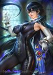  1girl armpits artist_name bangs bayonetta_(character) bayonetta_2 black-framed_eyewear black_bodysuit blurry blurry_background bodysuit breasts candy covered_navel cowboy_shot depth_of_field earrings elbow_gloves food glasses gloves grey_eyes gun hair_between_eyes hand_up holding holding_gun holding_weapon impossible_bodysuit impossible_clothes indoors jewelry large_breasts lollipop long_hair looking_at_viewer mole mole_under_mouth mouth_hold nudtawut_thongmai parted_lips patreon_username red_lips smile solo very_long_hair watermark weapon white_gloves window wrist_cuffs 