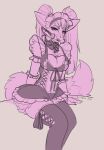  anthro bow_tie breasts canid canine clothing digital_media_(artwork) female fox furry hi_res kiit0s legwear looking_at_viewer maid_uniform mammal mouthgag simple_background solo stockings tail trixie_(purplelemons) uniform 