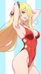  1girl armpits arms_behind_head arms_up asairosora bare_shoulders blonde_hair blush breasts covered_navel cowboy_shot cynthia_(pokemon) groin hair_ornament hair_over_one_eye highleg highleg_one-piece_swimsuit highleg_swimsuit highres light_blush long_hair looking_at_viewer medium_breasts one-piece_swimsuit open_mouth pokemon red_one-piece_swimsuit skindentation smile solo standing swimsuit three_quarter_view very_long_hair yellow_eyes 