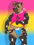  2019 absurd_res african_wild_dog anthro bulge canid canine clothed clothing digital_media_(artwork) fur hair hi_res hoodie jockstrap looking_at_viewer male mammal multicolored_fur pansexual_pride_flag pride_colors pubes simple_background slightly_chubby smile solo standing sylvanedadeer topwear underwear undressing 