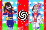  1boy 1brad 1girl black_eyes black_hair brother_and_sister carmine_(pokemon) channel_(_caststation)_(style) clenched_hands confetti dress food gloves hairband hypnosis jacket kieran_(pokemon) long_sleeves mesmerizer_(vocaloid) mind_control mochi mole mole_on_neck mole_under_eye open_clothes open_jacket open_mouth pants parody pokemon pokemon_sv purple_dress purple_eyes red_hair shaded_face sharp_teeth shorts siblings single_glove sweat tank_top teeth yellow_eyes 