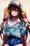  1girl between_fingers bracelet brown_hair casual choker commentary_request contemporary cup disposable_cup drinking_straw fate/grand_order fate_(series) flat_cap hair_between_eyes hat jewelry lipstick long_hair long_sleeves looking_at_viewer makeup marchab_66 mon necklace oda_nobunaga_(fate) oda_uri plaid plaid_shirt red_eyes shirt shorts sidelocks smile solo standing tank_top upper_body 