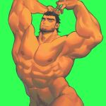  1boy abs absurdres adam&#039;s_apple armpits arms_up baimeme bara beard come_hither cowboy_shot facial_hair full_beard green_background highres large_pectorals looking_at_viewer male_focus male_pubic_hair mature_male muscular muscular_male navel navel_hair nipples original pectorals penis_out_of_frame pubic_hair seductive_smile short_hair smile solo standing stomach thick_eyebrows thick_neck thick_thighs thighs tsurime 