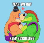  2boys animal_ears bara bear_ears blaze_(bl4z3blaze) bracelet breath brown_hair five_nights_at_freddy&#039;s five_nights_at_freddy&#039;s:_security_breach foreplay freddy_fazbear french_kiss from_side furry furry_male furry_with_furry glamrock_freddy gregory_(fnaf) hat heart highres hop_on_among_us_(meme) hug image_macro_(meme) jewelry kiss male_focus meme mini_hat multiple_boys muscular muscular_male mutual_hug pectorals profile reptile_boy short_hair spiked_bracelet spikes thick_eyebrows top_hat tusks upper_body yaoi yeah_we_gay_keep_scrolling_(meme) 