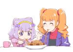  2girls :3 aisaki_emiru bangs blunt_bangs blush_stickers bow commentary_request cup double_bun dress earrings eating eyebrows_visible_through_hair food food_on_face fork hair_bow hair_ornament hairband hugtto!_precure jacket jewelry long_hair long_sleeves meatball mug multiple_girls older orange_hair pasta plate precure purple_dress purple_eyes purple_hair raised_eyebrows ruru_amour shiny shiny_hair sidelocks simple_background sketch smile spaghetti spaghetti_and_meatballs spoilers table twintails ueyama_michirou white_background younger 