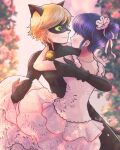  1boy 1girl adrien_agreste animal_ears bell black_bodysuit black_mask blonde_hair blue_eyes blue_hair bodysuit carrying cat_boy cat_ears catnoir_love chat_noir closed_mouth dress earrings green_eyes hair_bun hair_ribbon highres jewelry jingle_bell looking_at_another marinette_dupain-cheng miraculous_ladybug pink_dress princess_carry ribbon smile 