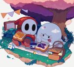  boo_(mario) bread checkered_blanket closed_mouth food highres holding holding_food holding_knife jam knife looking_at_another mario_(series) mask mofupoyo no_humans picnic_basket picnic_blanket shy_guy sign sitting tongue tongue_out tree 