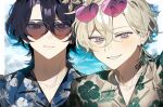  2boys aventurine_(honkai:_star_rail) blonde_hair blue_hair closed_mouth collarbone collared_shirt dr._ratio_(honkai:_star_rail) earrings eyewear_on_head hair_between_eyes hawaiian_shirt heart heart-shaped_eyewear highres honkai:_star_rail honkai_(series) jewelry looking_at_viewer male_focus multicolored_eyes multiple_boys red_eyes shirt short_hair smile tinted_eyewear two-tone_eyes wanu71 