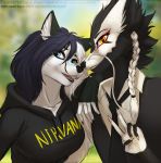  2019 amber_eyes anthro black_hair blue_eyes canid canine clothed clothing detailed_background digital_media_(artwork) duo elvofirida female fox hair hi_res male mammal open_mouth smile teeth tongue 