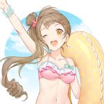  1girl ;d arm_up bikini blue_sky blush breasts brown_eyes brown_hair cloud cloudy_sky collarbone day earrings innertube jewelry long_hair love_live! love_live!_school_idol_project medium_breasts minami_kotori navel one_eye_closed open_mouth outstretched_arm pink_bikini polka_dot rio_(9251843) round_teeth scrunchie seashell_earrings see-through side_ponytail sky smile solo star star_earrings starfish_hair_ornament swimsuit teeth unmoving_pattern upper_body upper_teeth wrist_scrunchie 