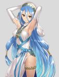  1girl aqua_(fire_emblem_if) armpits bare_shoulders blue_hair blush breasts dress elbow_gloves fire_emblem fire_emblem_heroes fire_emblem_if gloves hair_between_eyes hairband highres hiyashiru jewelry long_hair looking_at_viewer panties simple_background solo underwear very_long_hair yellow_eyes 