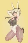  2019 adapted_costume alternate_legwear animal_ears armpits arms_behind_head arms_up artist_name black_blindfold black_footwear blindfold bow bowtie breasts bunny_ears bunny_girl bunny_tail bunnysuit cleavage cleavage_cutout commentary covered_eyes covered_navel detached_collar elbow_gloves english_commentary facing_viewer fake_animal_ears full_body gloves high_heels highres kneeling leotard lips medium_breasts mole mole_under_mouth nier_(series) nier_automata norasuko pantyhose sheer_legwear simple_background tail thick_thighs thighs white_gloves white_leotard yellow_background yorha_no._2_type_b 