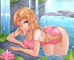  1girl ;) adapted_costume artist_name ass bangs bent_over blonde_hair blue_eyes breasts circlet earrings flower forehead_jewel gem gold highres jewelry long_hair looking_at_viewer lotus medium_breasts one-piece_swimsuit one_eye_closed parted_bangs pink_flower pink_swimsuit pointy_ears princess_zelda shellvi short_sleeves smile solo super_smash_bros. swimsuit the_legend_of_zelda the_legend_of_zelda:_a_link_between_worlds triforce wading water waterfall wet 