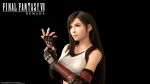  absurdres arm_guards black_background black_hair copyright_name earrings elbow_gloves elbow_pads final_fantasy final_fantasy_vii final_fantasy_vii_remake fingerless_gloves gloves highres jewelry logo long_hair looking_to_the_side official_art smile square_enix suspenders tifa_lockhart 