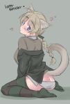  1girl animal_ear_fluff animal_ears aohashi_ame ass blonde_hair blue_eyes blush braid brown_sweater cat_ears cat_tail grey_background happy_birthday head_tilt heart highres jacket long_braid looking_at_viewer lynette_bishop panties single_braid sitting sketch solo strike_witches striped striped_legwear sweater tail thighhighs thighs underwear wariza white_panties world_witches_series 
