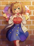  1girl :d absurdres ahoge bangs beige_cardigan belt blonde_hair blouse blue_skirt blush breasts brick_wall buttons cardigan commentary dot_nose flower_wreath green_eyes hair_bobbles hair_ornament heart heart-shaped_wreath heart_hands heart_pendant highres idolmaster idolmaster_cinderella_girls idolmaster_cinderella_girls_starlight_stage jewelry medium_breasts medium_skirt nana_(nana_yume87) necklace off_shoulder open_cardigan open_clothes open_mouth outdoors pearl_necklace red_blouse satou_shin skirt smile solo standing twintails wreath 
