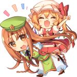  2girls :d ^_^ alternate_eye_color arms_up ascot black_neckwear blonde_hair blush bow braid breasts brown_hair carrying chibi china_dress chinese_clothes closed_eyes crystal dress eyebrows_visible_through_hair eyes_visible_through_hair fangs flandre_scarlet full_body green_dress happy hat hat_bow hong_meiling kirero leaning_forward long_hair looking_back mob_cap multiple_girls no_nose open_mouth pants pants_under_dress piggyback puffy_pants puffy_short_sleeves puffy_sleeves red_hair shirt shoes short_hair short_sleeves side_ponytail simple_background skirt skirt_set smile sweatdrop touhou twin_braids very_long_hair white_background white_shirt wings wrist_cuffs yellow_neckwear 