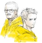  2boys bald blue_eyes bomssp breaking_bad facial_hair glasses heisenberg jacket jesse_pinkman male_focus multiple_boys mustache partially_colored stubble walter_white yellow_jacket 