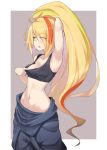  1girl adjusting_hair arm_behind_head armpits black_overalls black_sports_bra blonde_hair breasts brown_eyes chihaya_72 commentary_request eyebrows_visible_through_hair eyes_visible_through_hair green_hair grey_background groin highres long_hair medium_breasts multicolored_hair navel nikaidou_saki orange_hair outside_border overalls_pull ponytail pulled_by_self solo sports_bra sports_bra_pull standing streaked_hair very_long_hair zombie_land_saga 