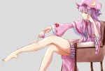  1girl bangs barefoot blue_bow blue_ribbon blunt_bangs blush bow bowtie capelet chair commentary_request crossed_legs cup eyebrows_visible_through_hair grey_background hair_bow hand_in_hair hat hat_ribbon legs long_hair mob_cap patchouli_knowledge pouring_onto_self purple_eyes purple_hair ram_hachimin red_bow red_neckwear ribbon simple_background sitting solo tea teacup thighs touhou wide_sleeves 