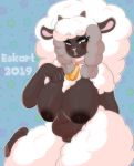  2019 anthro anthrofied big_breasts blep bovid breasts caprine cowbell eyelashes ezukapizumu female horizontal_pupils looking_at_viewer mammal nintendo pink_nose pok&eacute;mon pok&eacute;mon_(species) pok&eacute;morph pussy signature smile solo thick_thighs tongue tongue_out video_games wool wooloo 
