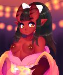  2019 amber_eyes areola black_hair clothed clothing demon digital_media_(artwork) female hair hair_bow hair_ribbon hi_res horn humanoid humanoid_pointy_ears long_hair looking_at_viewer meru_(merunyaa) mole_(marking) nipple_piercing nipples not_furry orange_eyes outside partially_clothed piercing ponytail public raikissu red_areola red_nipples red_skin ribbons smile solo 
