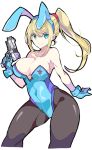  aqua_eyes blonde_hair breasts bunnysuit closed_mouth curvy enpe eyebrows_visible_through_hair gloves grin gun hairband highres large_breasts long_hair metroid mole mole_under_mouth pantyhose ponytail red_hairband samus_aran simple_background smile super_smash_bros. weapon white_background zero_suit 