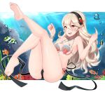  1girl absurdres artist_name ass bangs barefoot bikini black_hairband blush bubble clownfish female_my_unit_(fire_emblem_if) fire_emblem fire_emblem_cipher fire_emblem_if fish freediving hair_between_eyes hair_ornament hairband hands_up highres long_hair looking_at_viewer mamkute my_unit_(fire_emblem_if) navel pointy_ears red_eyes sarukaiwolf shell shell_bikini silver_hair simple_background smile soles swimsuit underwater water white_hair 