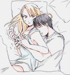  1boy 1girl anger_vein annoyed armpit_peek bed bed_sheet black_hair blonde_hair breast_grab brown_eyes couple drooling eyebrows_visible_through_hair fullmetal_alchemist grabbing hetero highres hug hug_from_behind long_hair looking_at_another looking_back lying on_bed on_side open_mouth ozaki_(tsukiko3) pillow riza_hawkeye roy_mustang shirt short_sleeves sleeping sleeveless sleeveless_shirt trembling white_shirt 