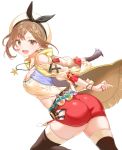  ass atelier_(series) atelier_ryza bangs brown_eyes brown_hair hair_ornament hairclip hat highres jewelry looking_at_viewer necklace open_mouth red_shorts reisalin_stout shiosoda short_shorts shorts skindentation thighs 