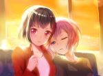  2girls aoba_moca bang_dream! bangs black_hair black_shirt blue_eyes blush grey_hair half-closed_eyes head_on_another&#039;s_shoulder highres izu_(izzzzz27) jacket leaning_on_person lens_flare looking_away looking_to_the_side mitake_ran multicolored_hair multiple_girls one_eye_closed parted_lips pink_hair red_eyes red_hair red_jacket shirt short_hair silver_hair sitting sleepy streaked_hair sunset upper_body window 