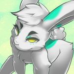  1:1 2019 ambiguous_gender anthro bent_over black_eyebrows chest_tuft eyebrows eyelashes fur gradient_background green_background green_ears green_fur lagomorph leporid long_ears looking_at_viewer low_res mammal multicolored_ears multicolored_fur pickles_(picklesjars) rabbit simple_background solo tuft two_tone_ears two_tone_fur white_ears white_fur yellow_eyes zraxi 