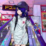  1girl ace_akira baseball_cap blue_eyes commentary cowboy_shot doll don_quijote earrings escalator flyer hair_over_one_eye hat indoors jacket jewelry medium_hair original pixel_art shibari shirt shop shorts solo white_jacket white_shirt 