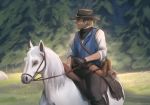  2019 ambiguous_gender day detailed_background digital_media_(artwork) duo equid equine feral forest hair hi_res horse human icelectricspyro male mammal outside red_dead_(series) riding rockstar_games saddle tree video_games western white_hair 