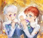  2boys albedo_piazzolla autumn blue_eyes bomssp child drooling eating food_in_mouth jr. leaf multiple_boys purple_eyes red_hair star star-shaped_pupils symbol-shaped_pupils white_hair xenosaga younger 