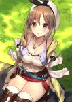  1girl arms_behind_back atelier_(series) atelier_ryza bangs belt blush breasts brown_eyes brown_hair cleavage collarbone commentary_request eyebrows_visible_through_hair haik hair_ornament hairclip hat highres jewelry large_breasts looking_at_viewer necklace open_mouth red_shorts reisalin_stout short_shorts shorts sitting solo star star_necklace test_tube thighhighs thighs white_headwear white_legwear 