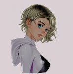  1girl blonde_hair blue_eyes breasts from_side grey_background gwen_stacy highres hood hood_down lips looking_at_viewer marvel medium_breasts portrait shinya_komi short_hair simple_background solo spider-gwen spider-man:_into_the_spider-verse spider-man_(series) upper_body 
